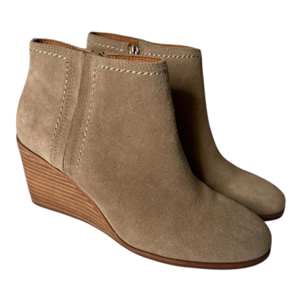 Lucky Brand Women's Zaccy Suede Leather Wedge Heel Booties Taupe Size 9